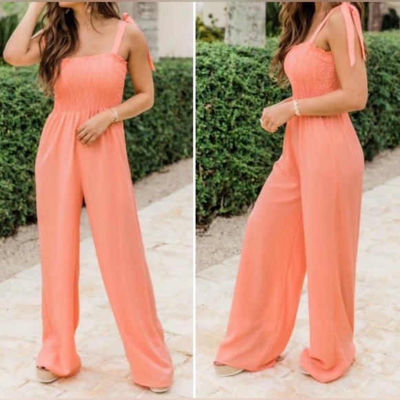 PINK LILY HAPPY TOGETHER SMOCKED JUMPSUIT - Picture 1 of 12
